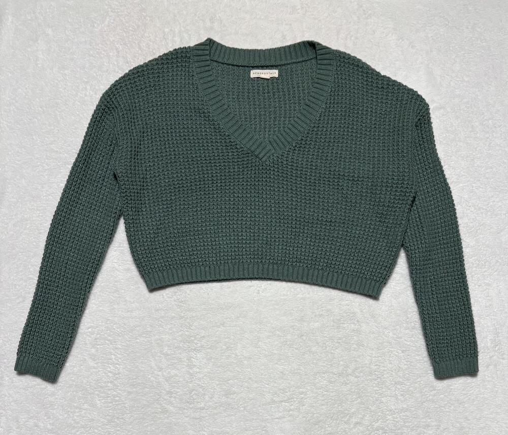 Aeropostale Sweater Womens Medium Green Cropped V Neck Waffle Knit Pullover
